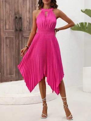 CM-DS507609 Women Casual Seoul Style Pleated Asymmetric Hem Halter Neck Midi Dress - Hot Pink