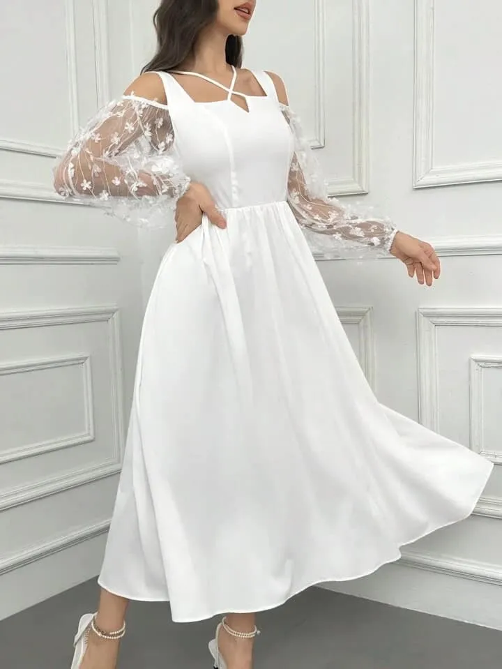CM-DS532210 Women Elegant Seoul Style Solid Color Semi-Sheer Sleeves And Applique Dress - White