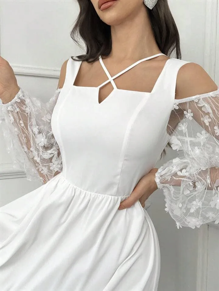CM-DS532210 Women Elegant Seoul Style Solid Color Semi-Sheer Sleeves And Applique Dress - White