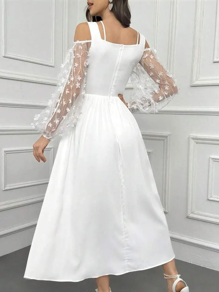 CM-DS532210 Women Elegant Seoul Style Solid Color Semi-Sheer Sleeves And Applique Dress - White