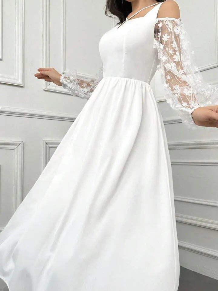 CM-DS532210 Women Elegant Seoul Style Solid Color Semi-Sheer Sleeves And Applique Dress - White