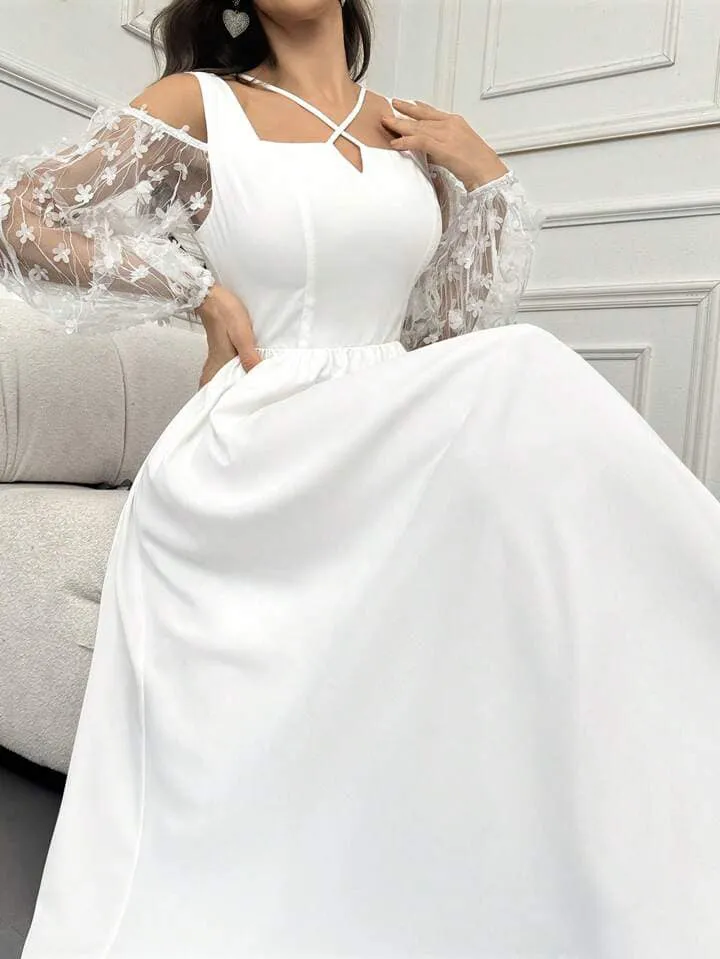 CM-DS532210 Women Elegant Seoul Style Solid Color Semi-Sheer Sleeves And Applique Dress - White