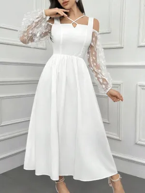 CM-DS532210 Women Elegant Seoul Style Solid Color Semi-Sheer Sleeves And Applique Dress - White