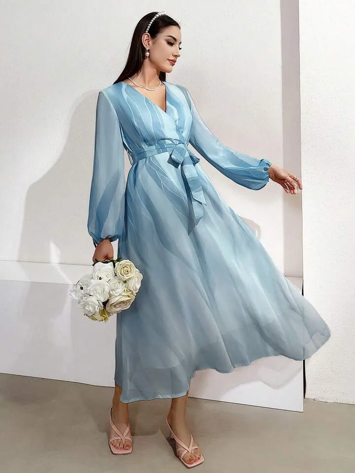 CM-DS561357 Women Elegant Seou; Style V-Neck Striped Lantern Sleeve Dress - Blue