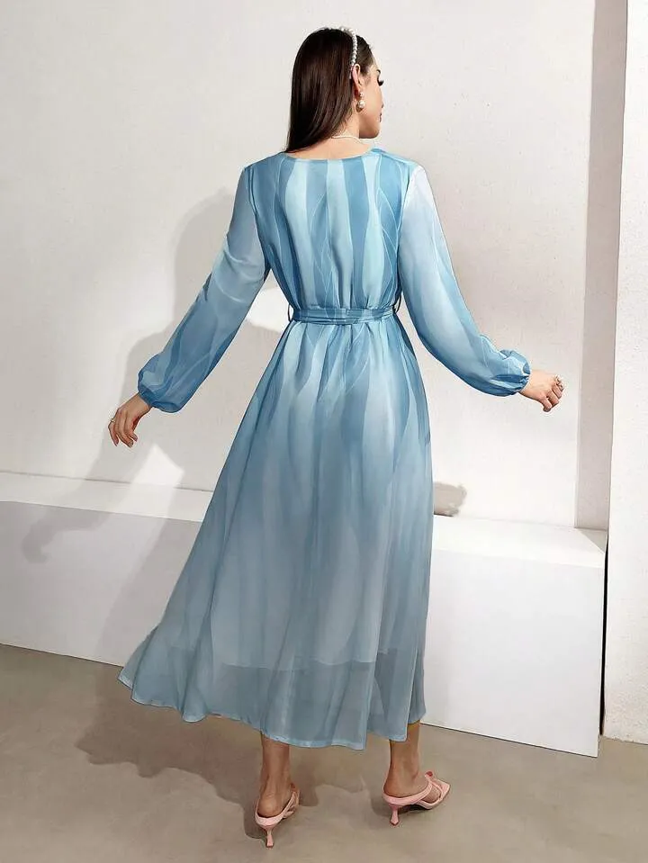 CM-DS561357 Women Elegant Seou; Style V-Neck Striped Lantern Sleeve Dress - Blue