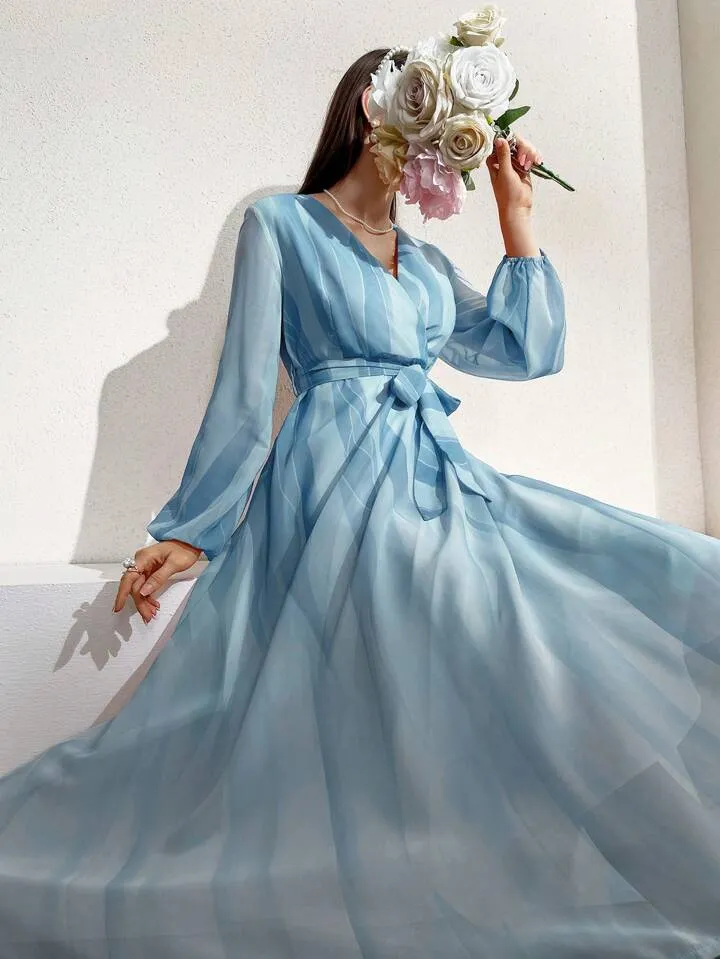 CM-DS561357 Women Elegant Seou; Style V-Neck Striped Lantern Sleeve Dress - Blue
