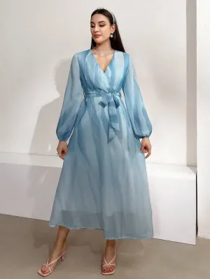 CM-DS561357 Women Elegant Seou; Style V-Neck Striped Lantern Sleeve Dress - Blue