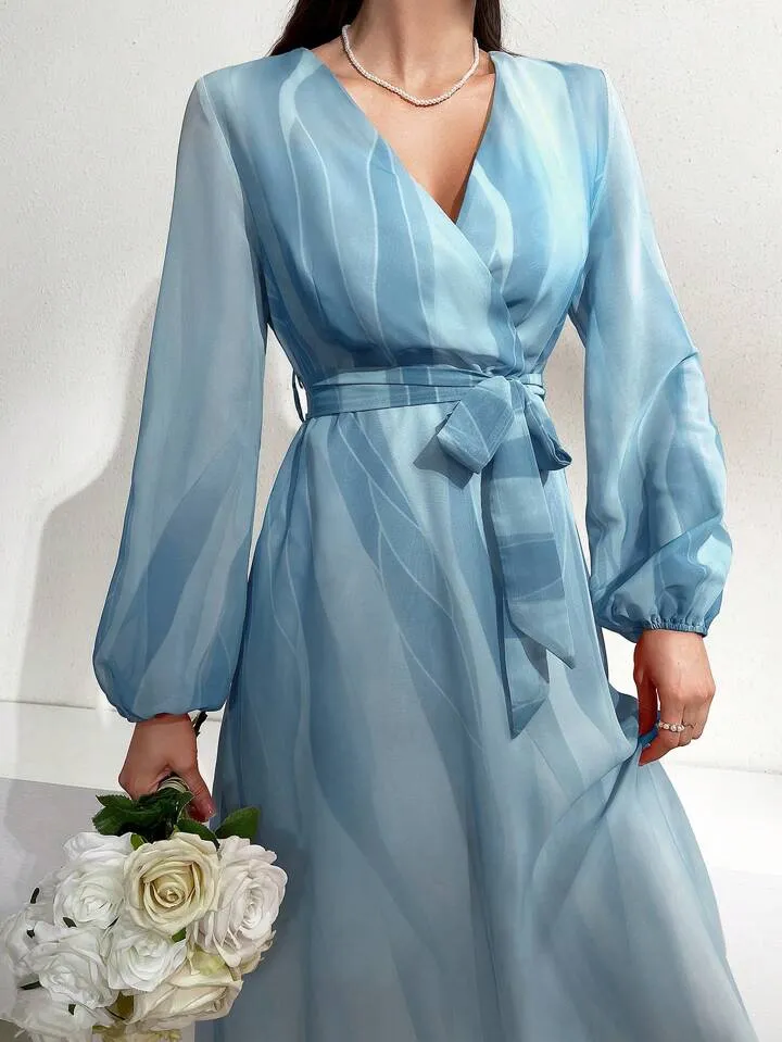 CM-DS561357 Women Elegant Seou; Style V-Neck Striped Lantern Sleeve Dress - Blue
