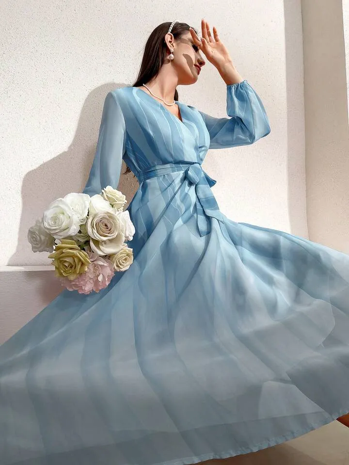 CM-DS561357 Women Elegant Seou; Style V-Neck Striped Lantern Sleeve Dress - Blue