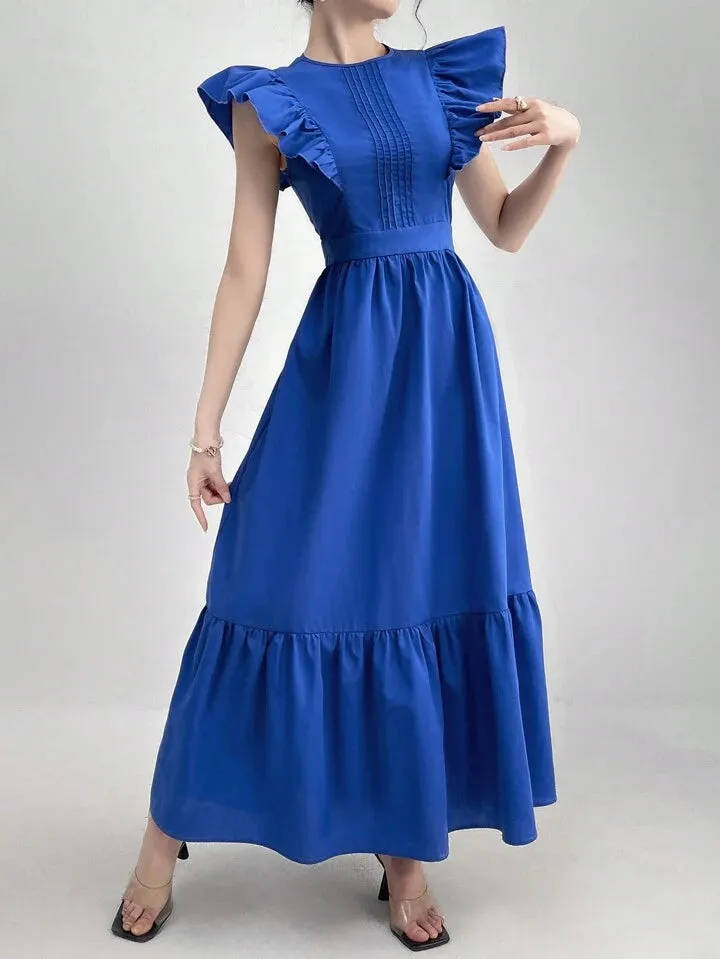 CM-DS591915 Women Casual Seoul Style Round Neck Ruffle Sleeve High Waist A-Line Dress - Blue