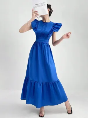 CM-DS591915 Women Casual Seoul Style Round Neck Ruffle Sleeve High Waist A-Line Dress - Blue