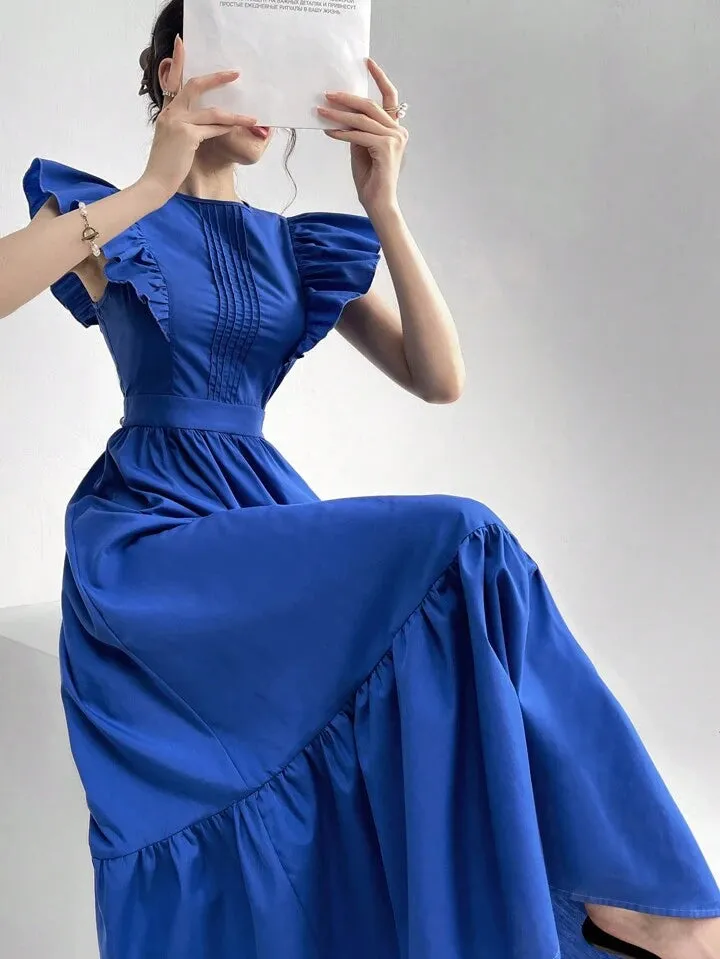 CM-DS591915 Women Casual Seoul Style Round Neck Ruffle Sleeve High Waist A-Line Dress - Blue
