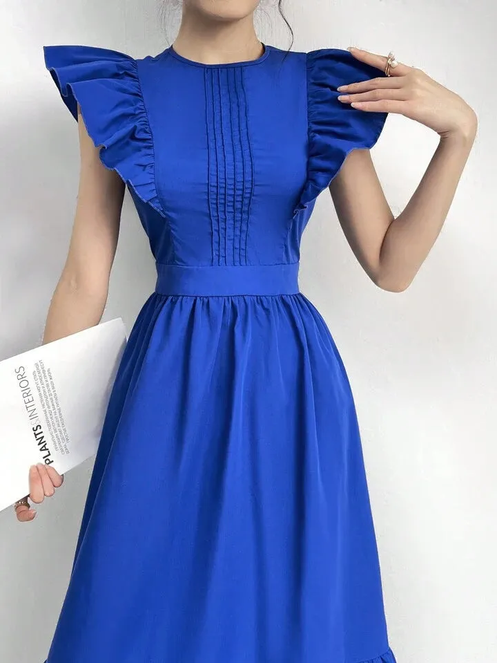 CM-DS591915 Women Casual Seoul Style Round Neck Ruffle Sleeve High Waist A-Line Dress - Blue
