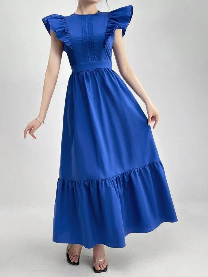CM-DS591915 Women Casual Seoul Style Round Neck Ruffle Sleeve High Waist A-Line Dress - Blue