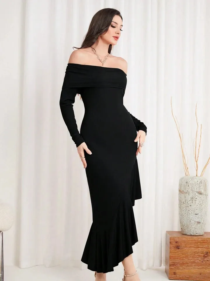 CM-DS615954 Women Elegant Seoul Style Off the Shoulder Ruffle Hem Midi Dress - Black