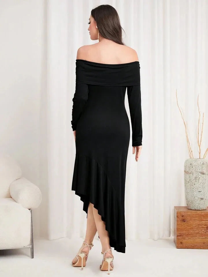 CM-DS615954 Women Elegant Seoul Style Off the Shoulder Ruffle Hem Midi Dress - Black