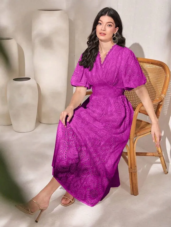 CM-DS641361 Women Elegant Seoul Style Burnt Embroidery Short Sleeve Dress - Purple