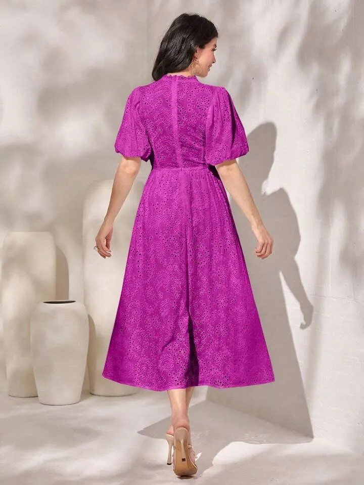 CM-DS641361 Women Elegant Seoul Style Burnt Embroidery Short Sleeve Dress - Purple