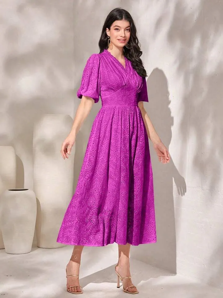 CM-DS641361 Women Elegant Seoul Style Burnt Embroidery Short Sleeve Dress - Purple