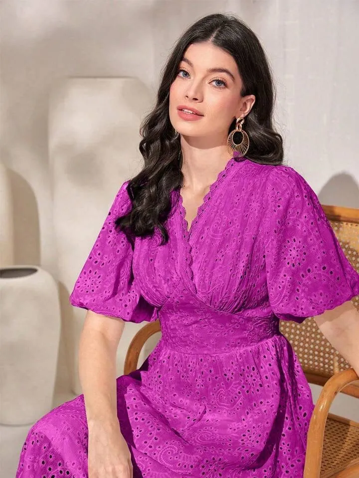 CM-DS641361 Women Elegant Seoul Style Burnt Embroidery Short Sleeve Dress - Purple