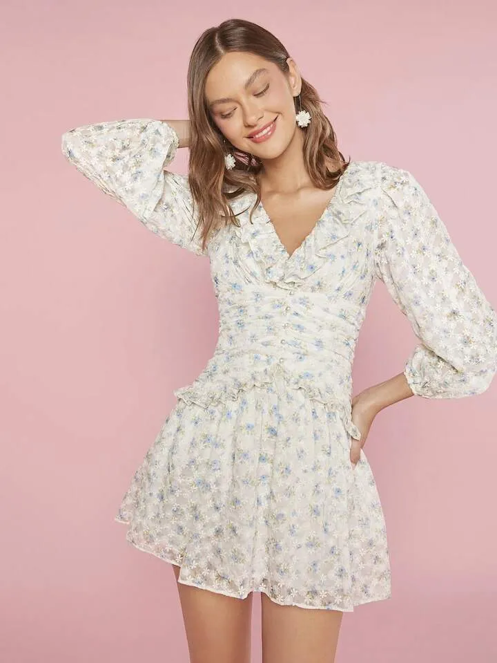 CM-DS666818 Women Trendy Bohemian Style Floral Print Spliced Lantern Sleeve Short Dress