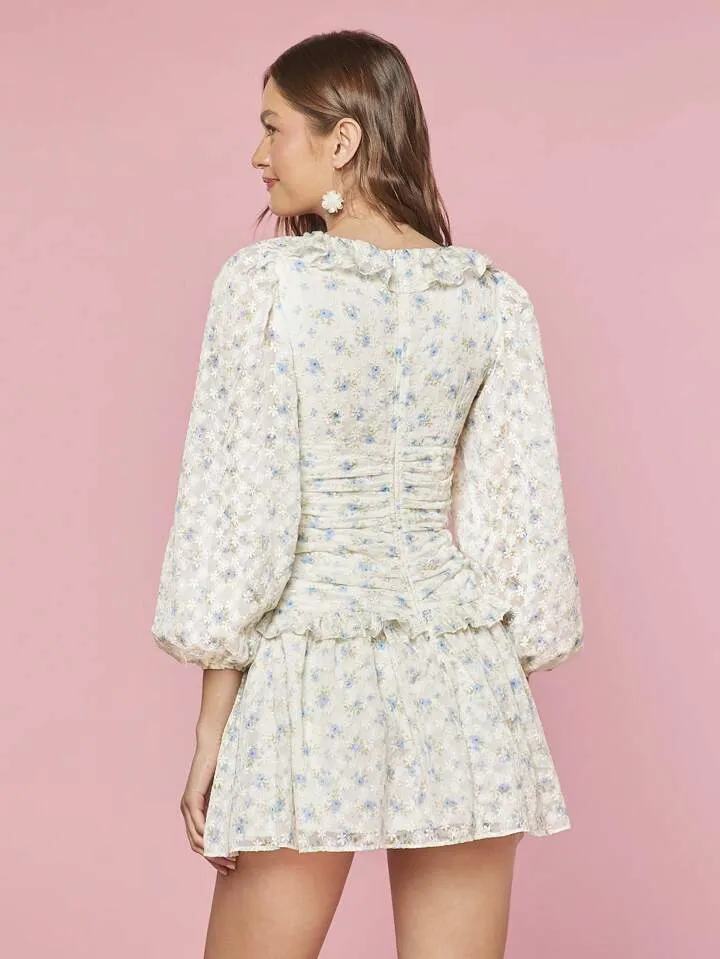CM-DS666818 Women Trendy Bohemian Style Floral Print Spliced Lantern Sleeve Short Dress