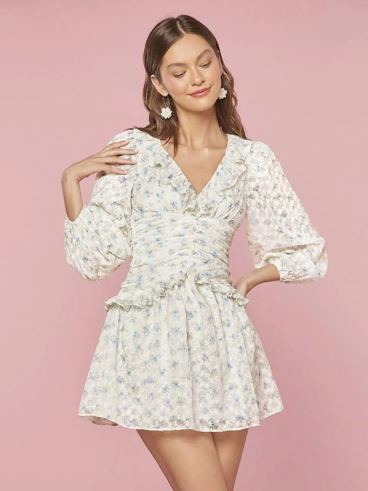 CM-DS666818 Women Trendy Bohemian Style Floral Print Spliced Lantern Sleeve Short Dress