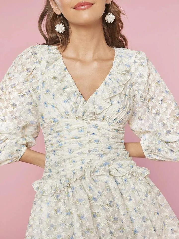 CM-DS666818 Women Trendy Bohemian Style Floral Print Spliced Lantern Sleeve Short Dress