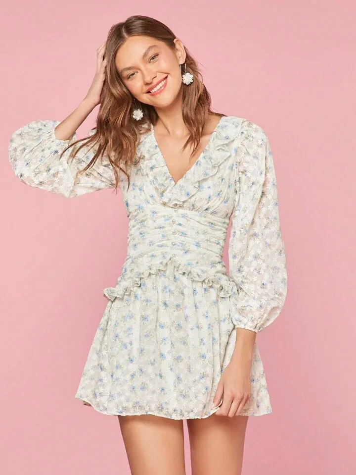 CM-DS666818 Women Trendy Bohemian Style Floral Print Spliced Lantern Sleeve Short Dress