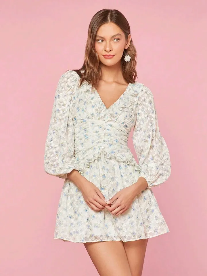CM-DS666818 Women Trendy Bohemian Style Floral Print Spliced Lantern Sleeve Short Dress