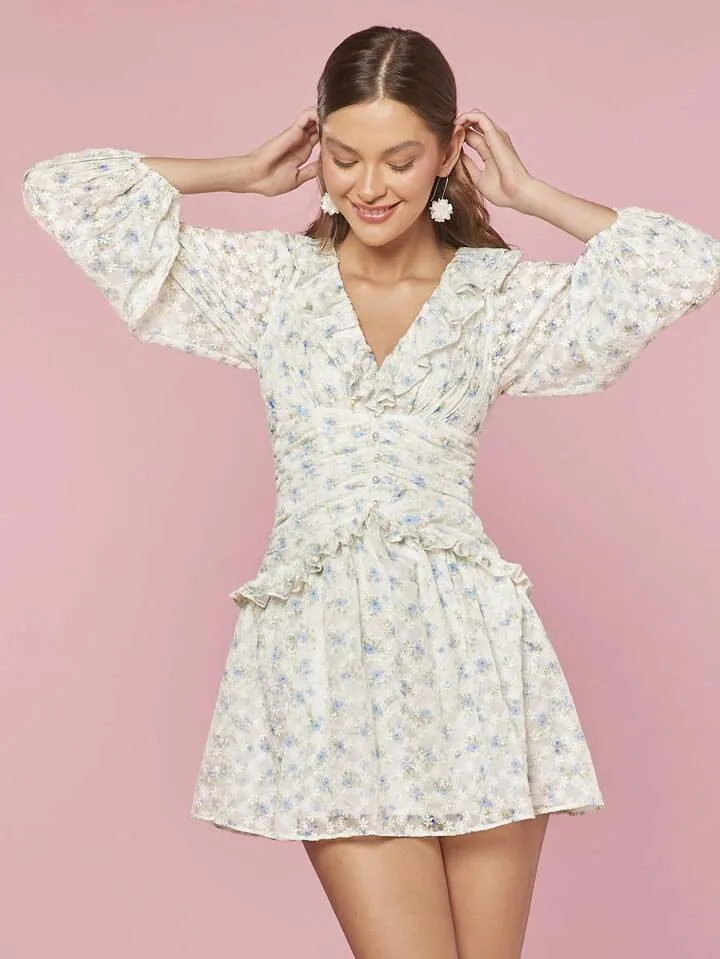 CM-DS666818 Women Trendy Bohemian Style Floral Print Spliced Lantern Sleeve Short Dress