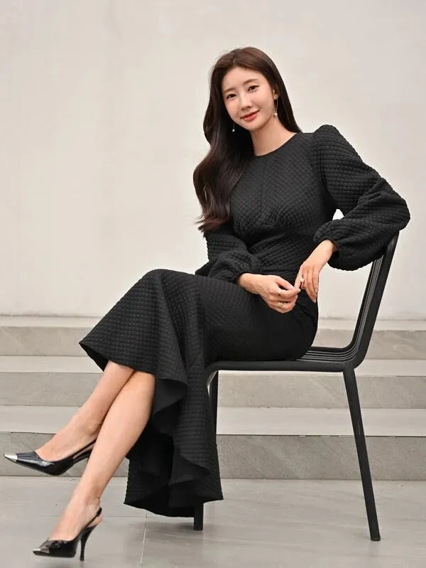 CM-DS702691 Women Elegant Seoul Style Solid Bishop Sleeve Mermaid Dress - Black