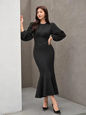 CM-DS702691 Women Elegant Seoul Style Solid Bishop Sleeve Mermaid Dress - Black