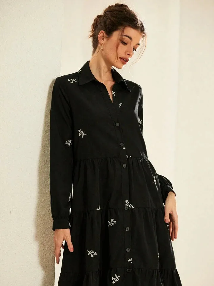 CM-DS732171 Women Casual Seoul Style Tropical Print Collar Neckline Layered Hem Dress - Black