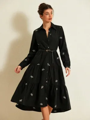 CM-DS732171 Women Casual Seoul Style Tropical Print Collar Neckline Layered Hem Dress - Black