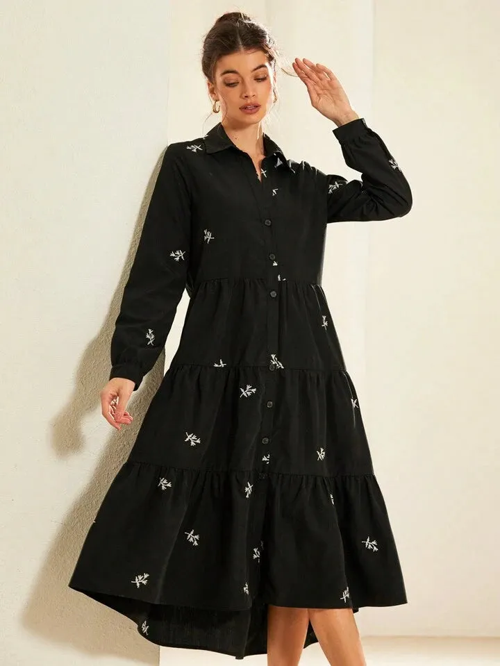 CM-DS732171 Women Casual Seoul Style Tropical Print Collar Neckline Layered Hem Dress - Black