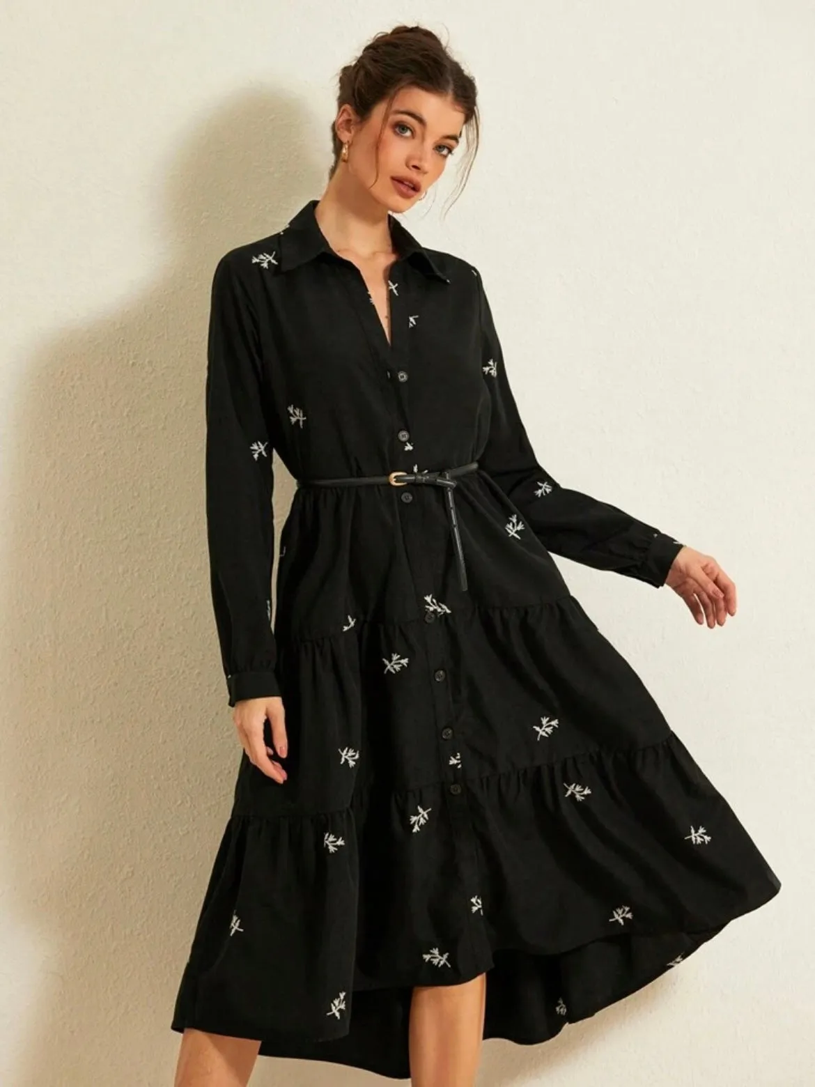 CM-DS732171 Women Casual Seoul Style Tropical Print Collar Neckline Layered Hem Dress - Black