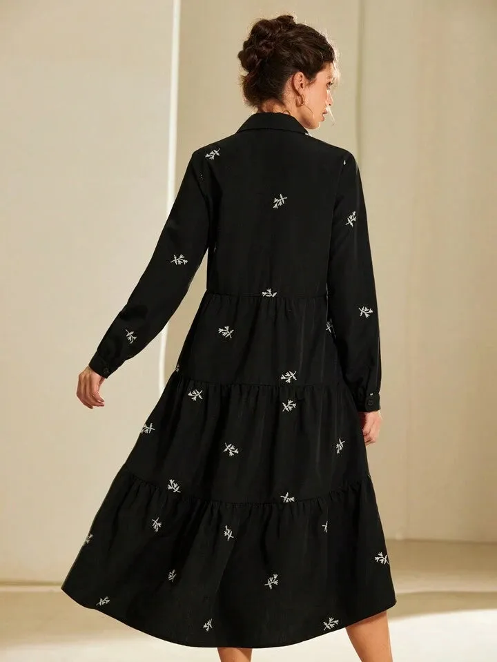 CM-DS732171 Women Casual Seoul Style Tropical Print Collar Neckline Layered Hem Dress - Black