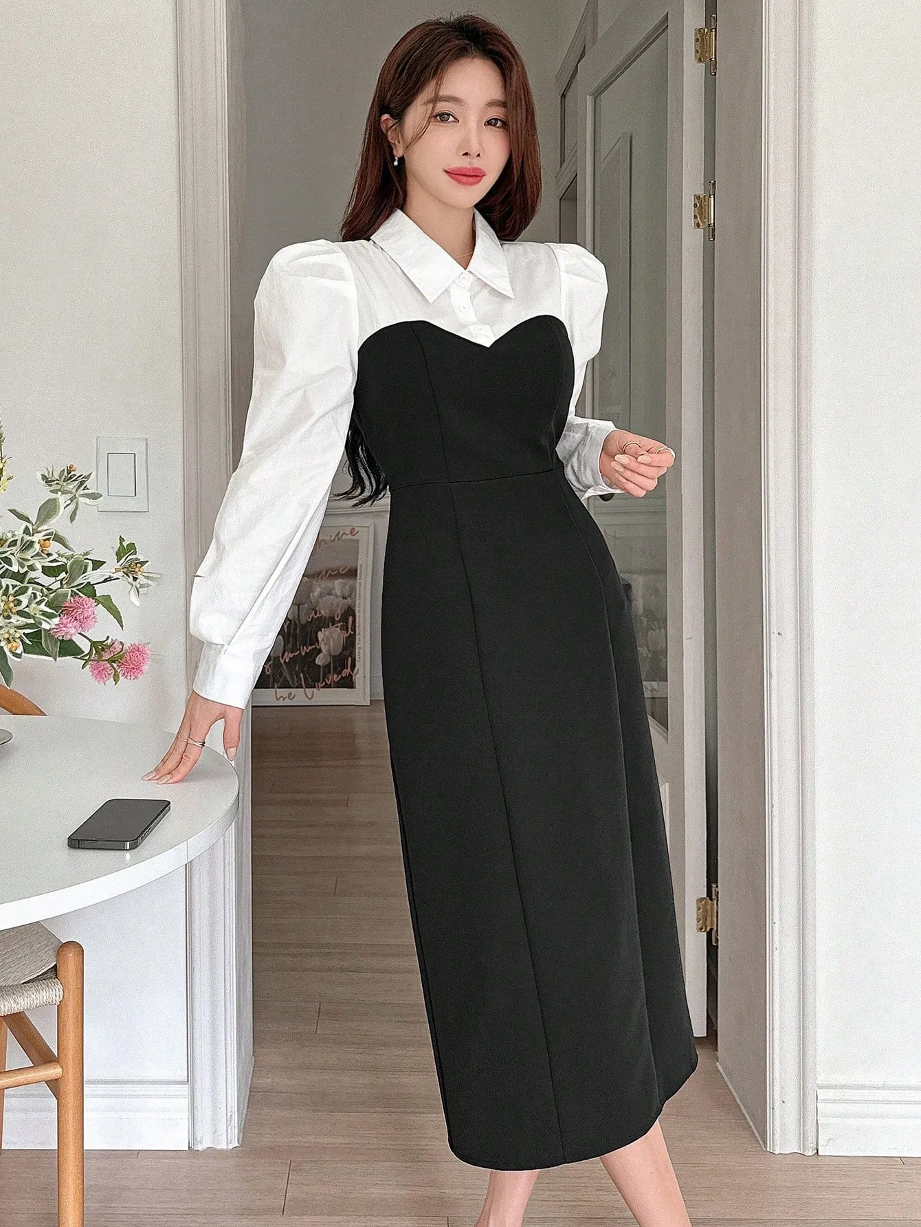 CM-DS831987 Women Elegant Seoul Style Contrast Patchwork Puff Sleeve Midi Dress - Black