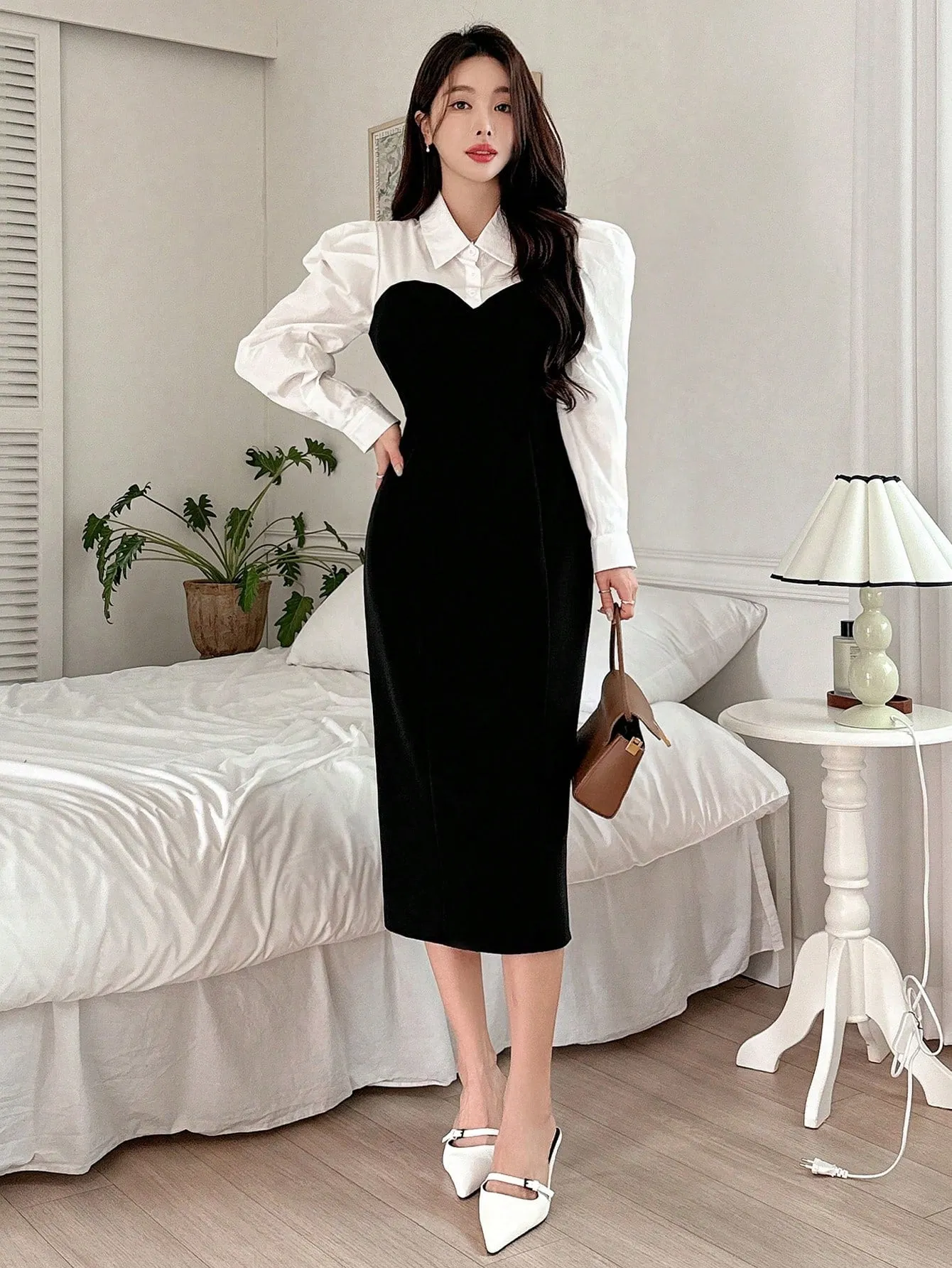 CM-DS831987 Women Elegant Seoul Style Contrast Patchwork Puff Sleeve Midi Dress - Black
