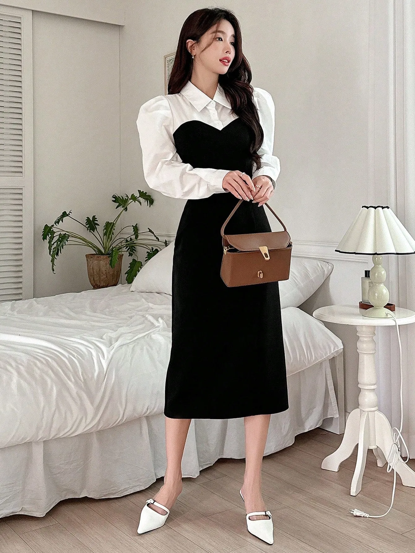 CM-DS831987 Women Elegant Seoul Style Contrast Patchwork Puff Sleeve Midi Dress - Black