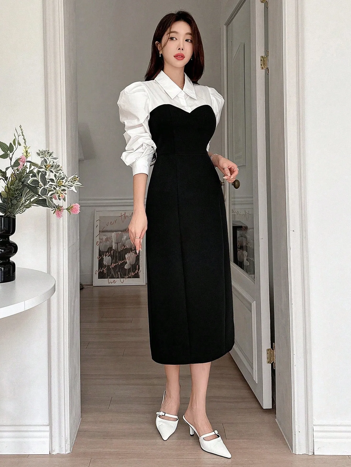 CM-DS831987 Women Elegant Seoul Style Contrast Patchwork Puff Sleeve Midi Dress - Black