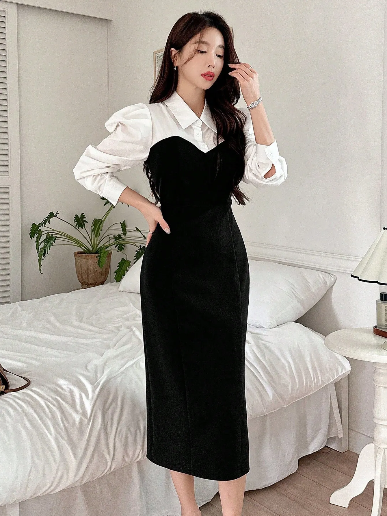 CM-DS831987 Women Elegant Seoul Style Contrast Patchwork Puff Sleeve Midi Dress - Black