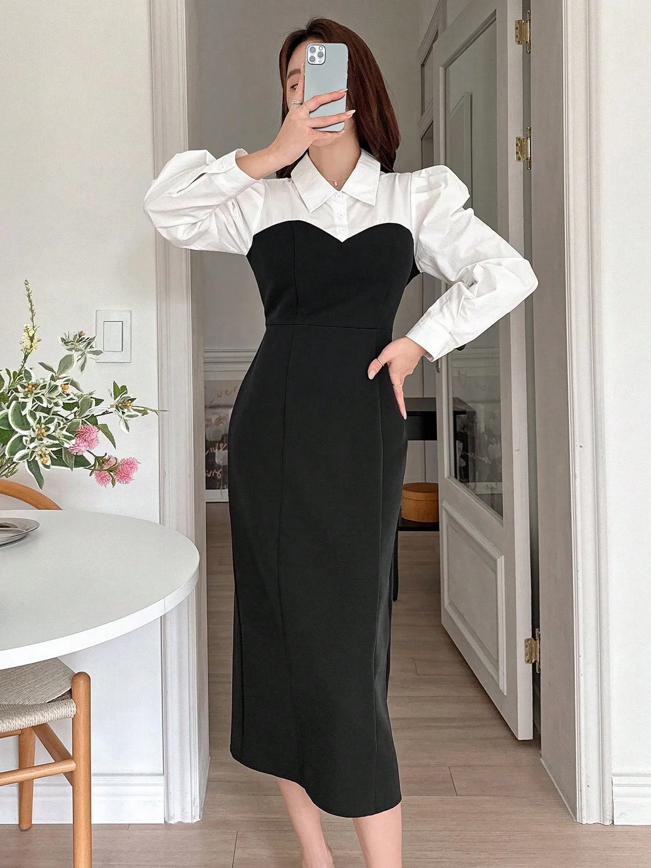 CM-DS831987 Women Elegant Seoul Style Contrast Patchwork Puff Sleeve Midi Dress - Black