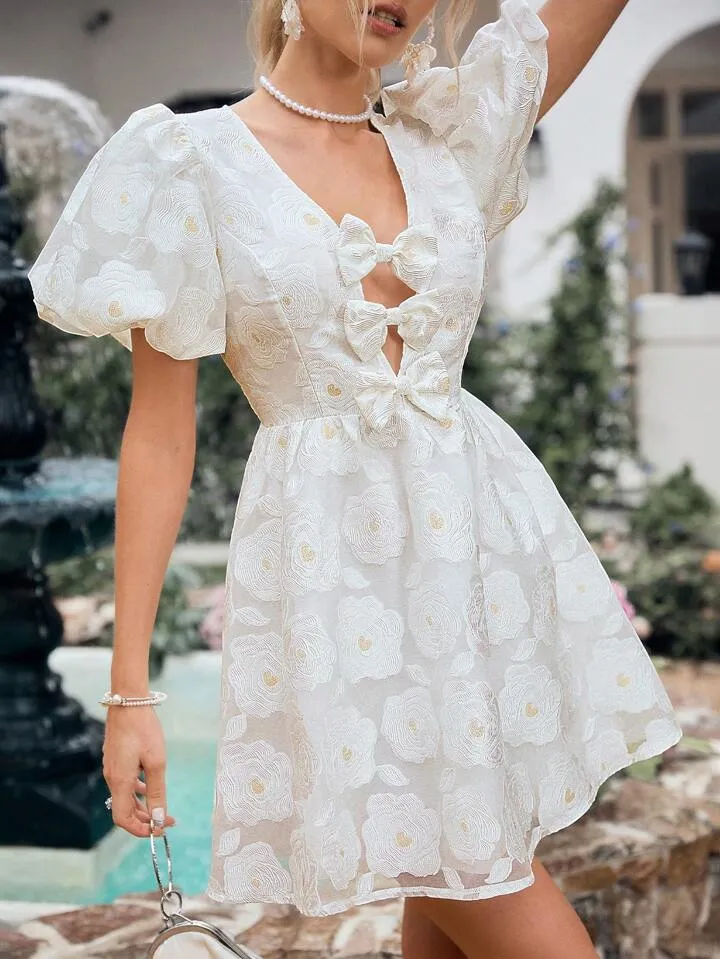 CM-DS860852 Women Elegant Seoul Style V-Neck Short Sleeve Hollow Out Butterfly Knot Dress - White