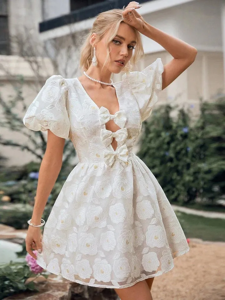 CM-DS860852 Women Elegant Seoul Style V-Neck Short Sleeve Hollow Out Butterfly Knot Dress - White