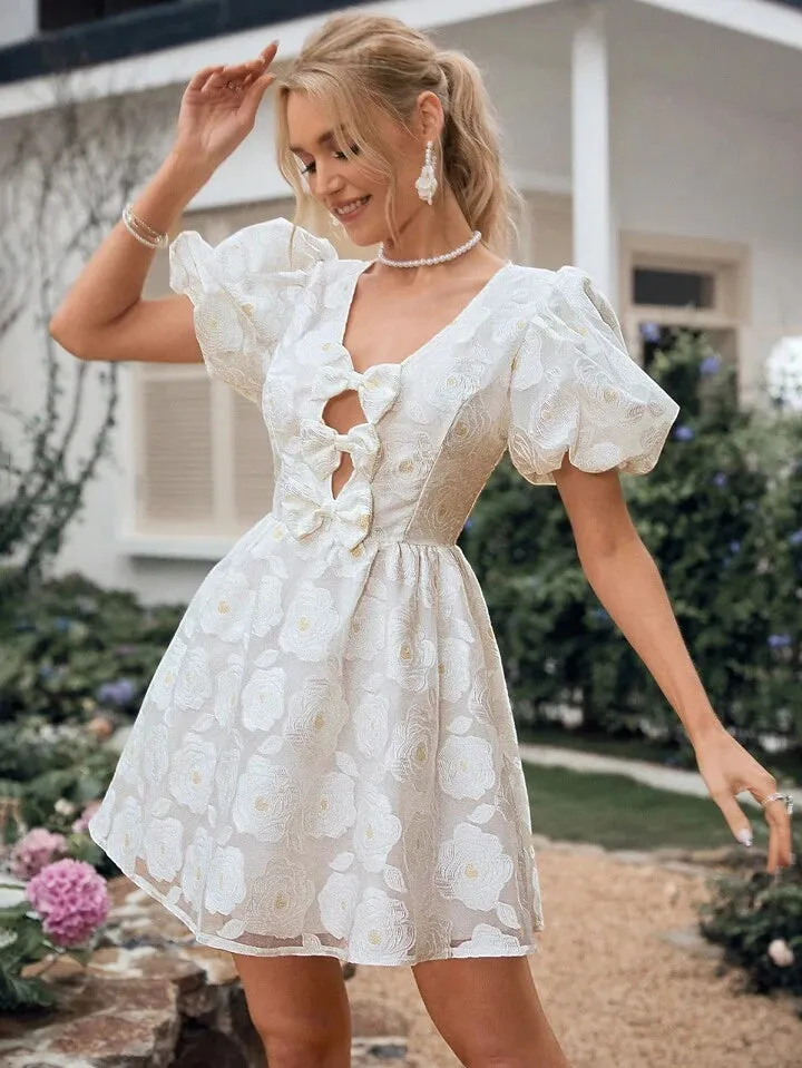 CM-DS860852 Women Elegant Seoul Style V-Neck Short Sleeve Hollow Out Butterfly Knot Dress - White