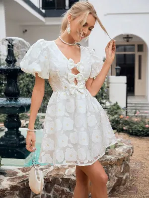 CM-DS860852 Women Elegant Seoul Style V-Neck Short Sleeve Hollow Out Butterfly Knot Dress - White