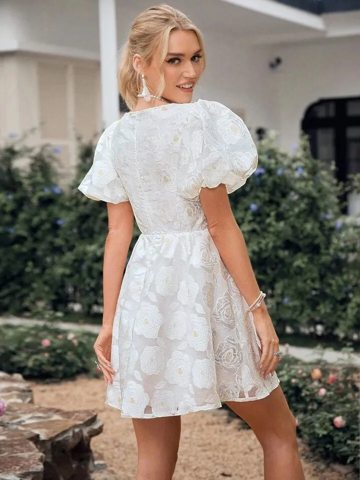 CM-DS860852 Women Elegant Seoul Style V-Neck Short Sleeve Hollow Out Butterfly Knot Dress - White