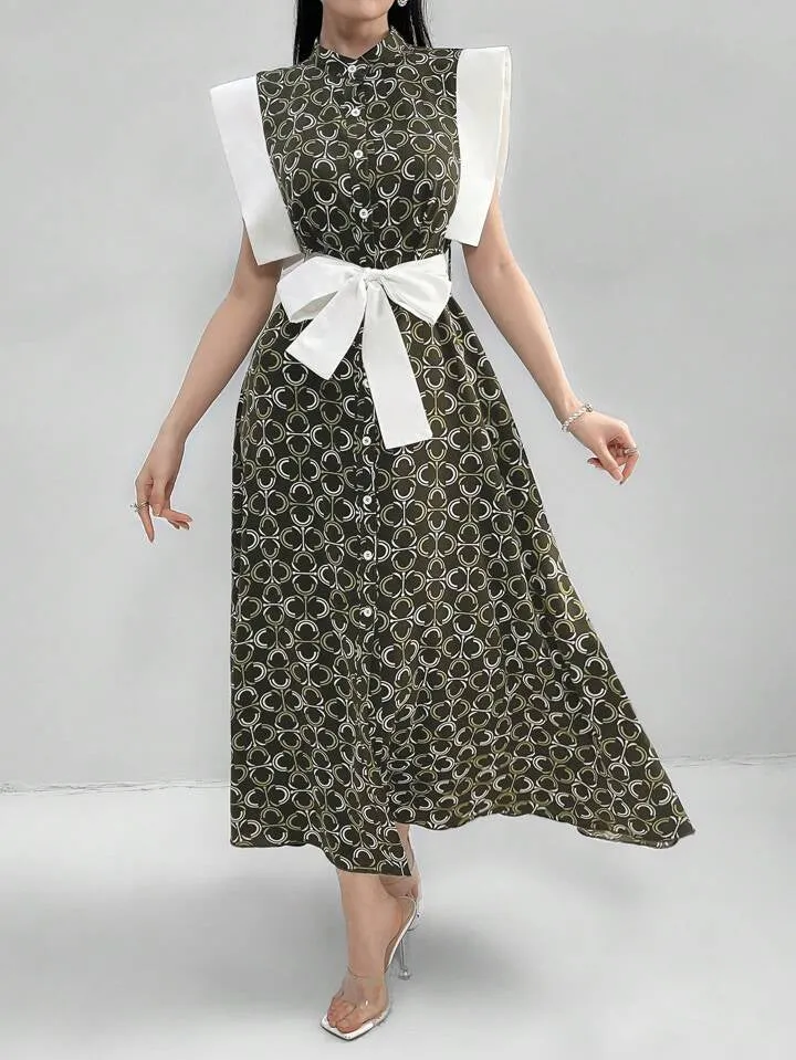 CM-DS906166 Women Casual Seoul Style Stand Collar Sleeveless Geometric Printed Patchwork A-Line Dress